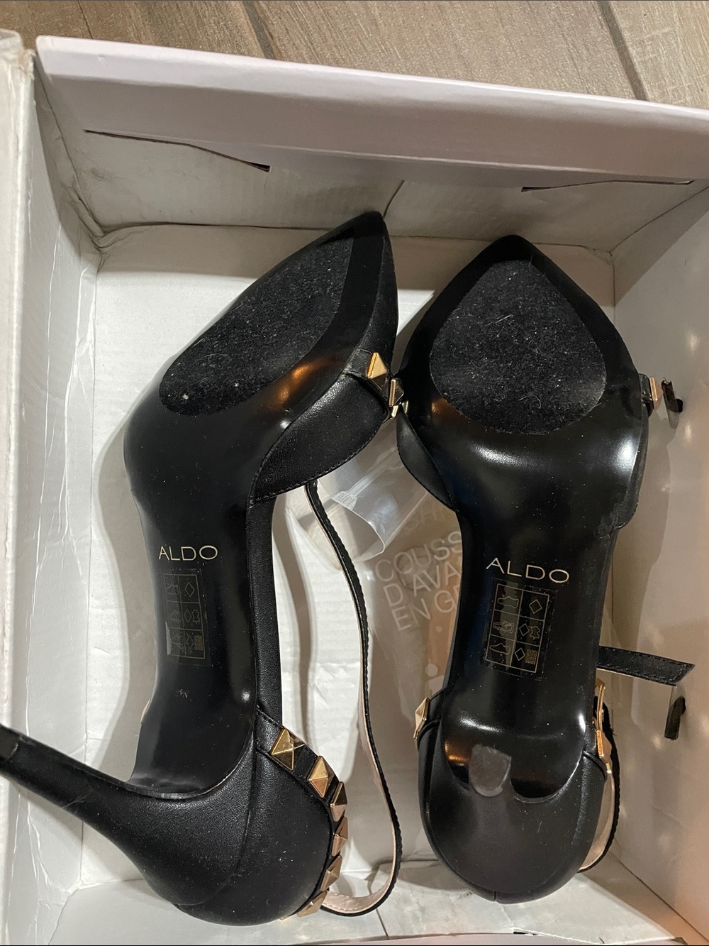 ALDO Black Drevia 96 Pointed Toe Slingback Heels with Gold Studs - Picture 2 of 5